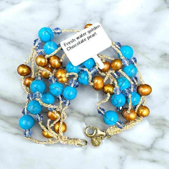 Multi Strand Bracelet Brown Fresh-Water Pearls & Turquoise Sterling Silver Clasp - Picture 4 of 8